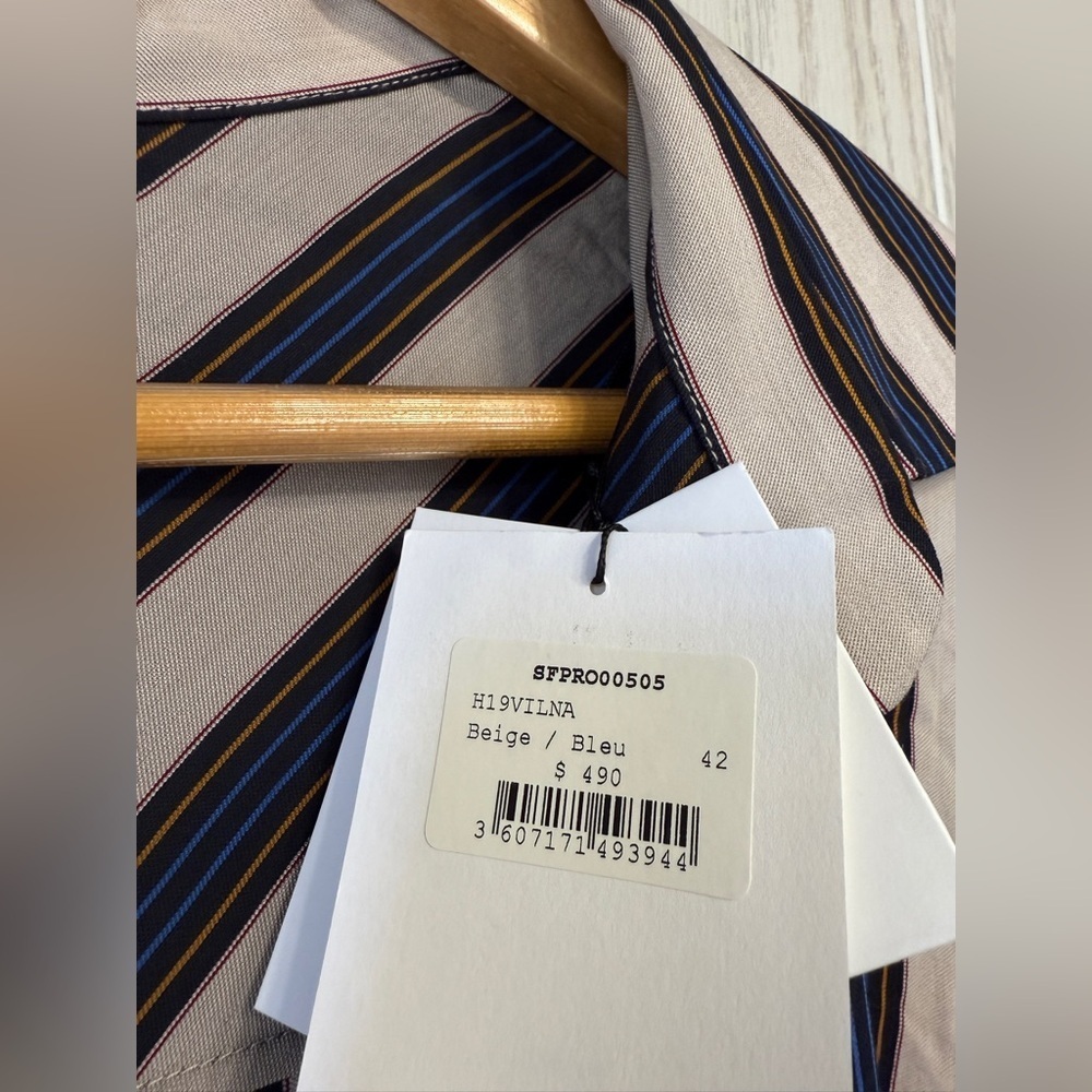 Sandro Paris Vilna Striped Tie-Front Midi Dress Beige/Blue Size 42 (US 10) NWT - Picture 8 of 12